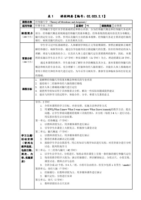 经络腧穴学课程纲要-上海中医药大学