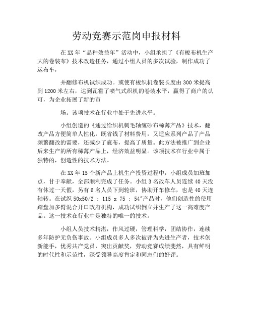 劳动竞赛示范岗申报材料