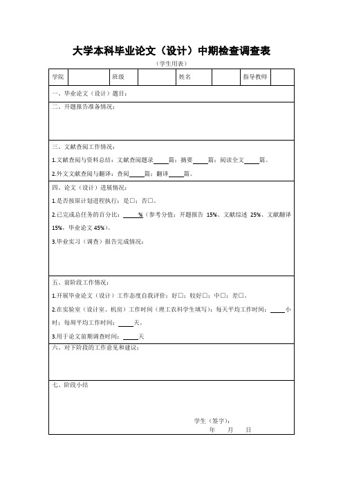 大学本科毕业论文(设计)中期检查调查表