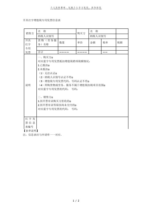 开具红字增值税专用发票信息表