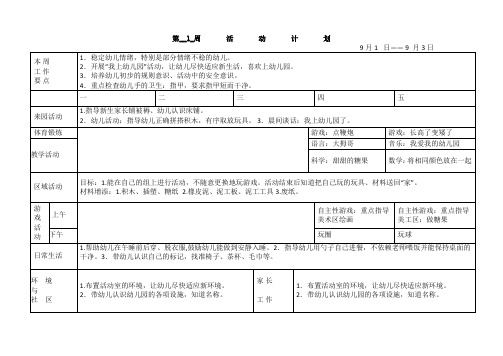 幼儿园小班周活动计划表