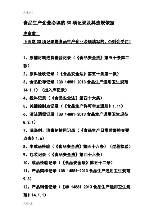 食品生产企业必填地30项记录簿及其法规依据