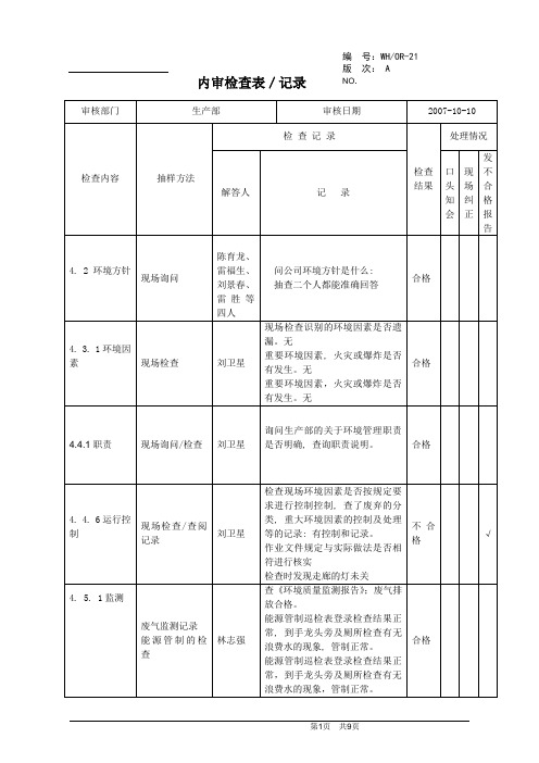 内审检查表记录