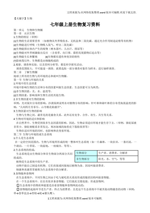 【生物】2020人教版生物七上复习提纲供参考