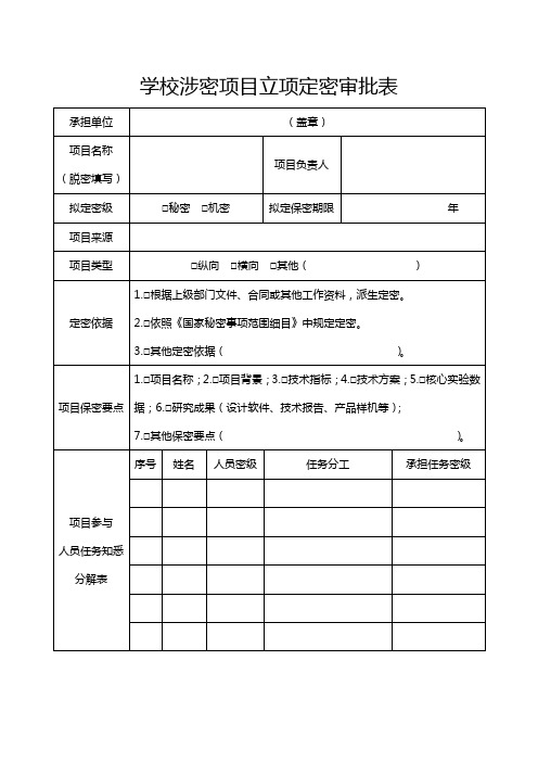 学校涉密项目立项定密审批表