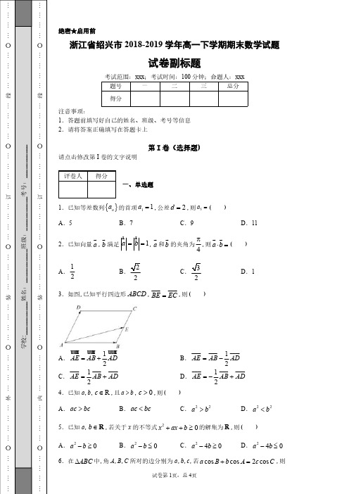 浙江省绍兴市2018-2019学年高一下学期期末数学试题