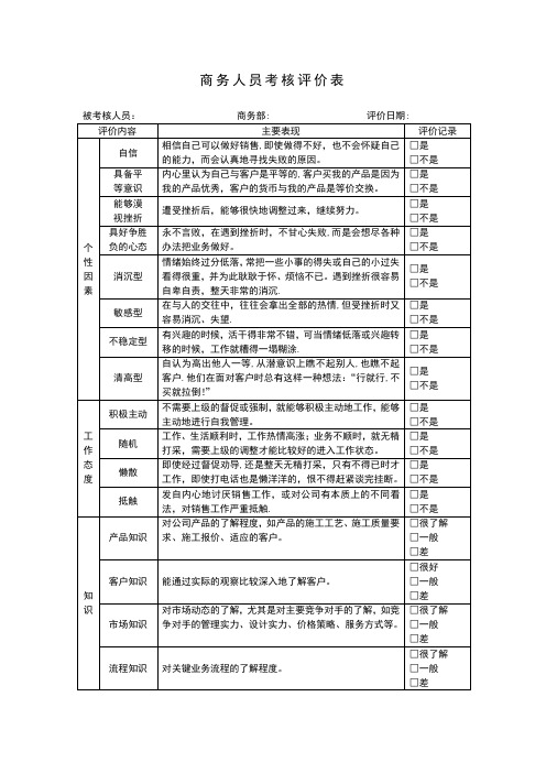 商务人员考核评价表3【模板范本】