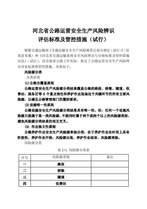 河北省公路运营安全生产风险辨识评估标准及管控措施(试行