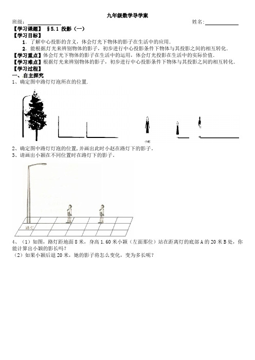 北师大版九年级数学上精品导学案(可打印)5.1投影(1)导学单