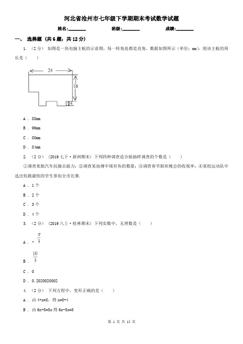 河北省沧州市七年级下学期期末考试数学试题