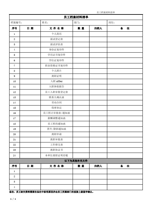 员工档案材料清单