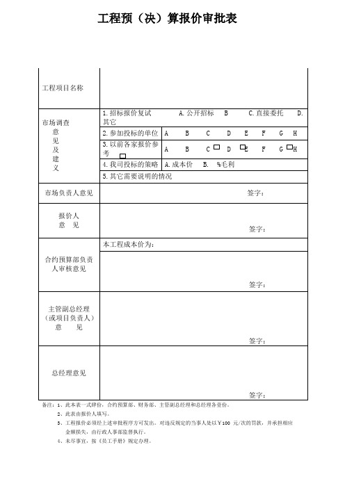 工程预(决)算报价审批表