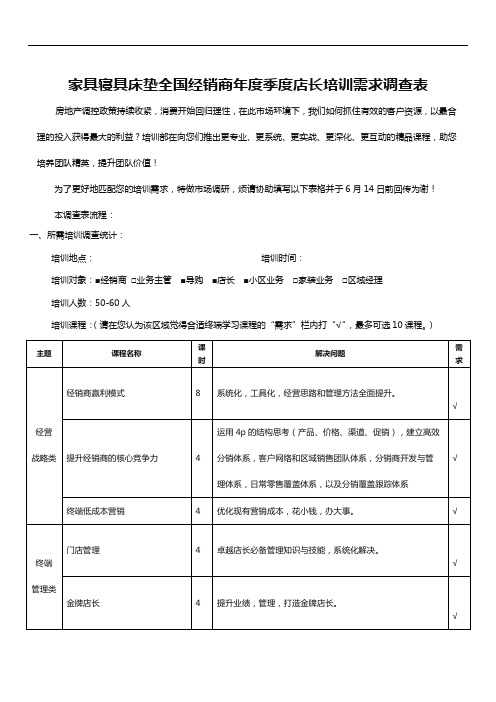 家具寝具床垫全国经销商年度季度店长培训需求调查表