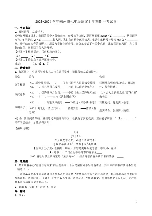 2023-2024学年嵊州市七年级语文上学期期中考试卷附答案解析