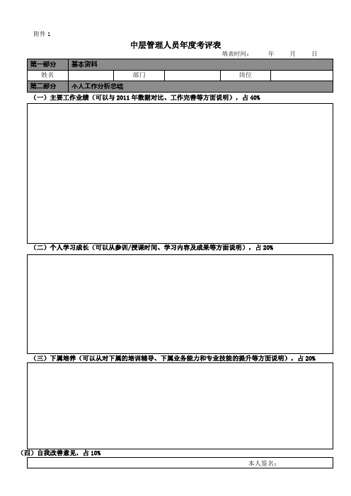 中基层管理人员年度考评表