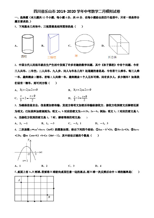 四川省乐山市2019-2020学年中考数学二月模拟试卷含解析