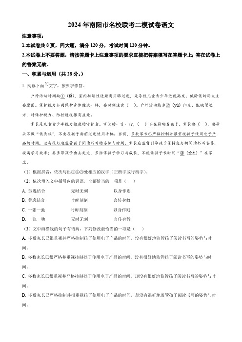 2024年河南省南阳市名校联考中考二模语文试题(解析版)