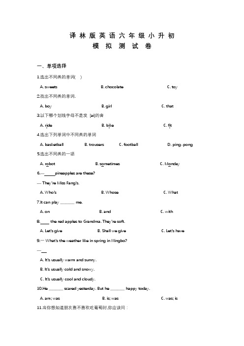 译林版小升初英语考试题及答案