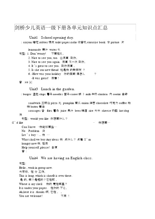 剑桥少儿英语一级下册各单元知识点汇总