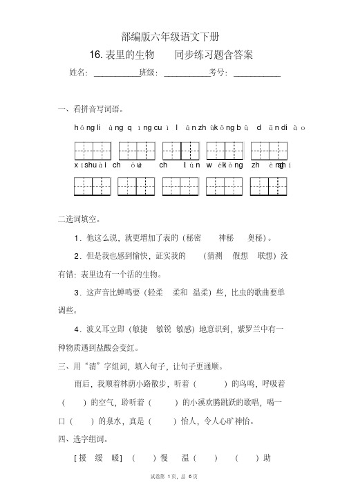 统编版六年级语文下册16.表里的生物同步练习题含答案