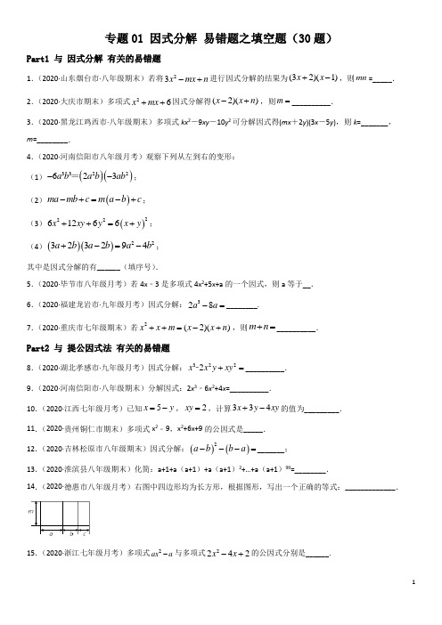 专题02 因式分解 易错题之填空题(30题)-2020-2021学年八年级数学下册(北师大版)原卷版