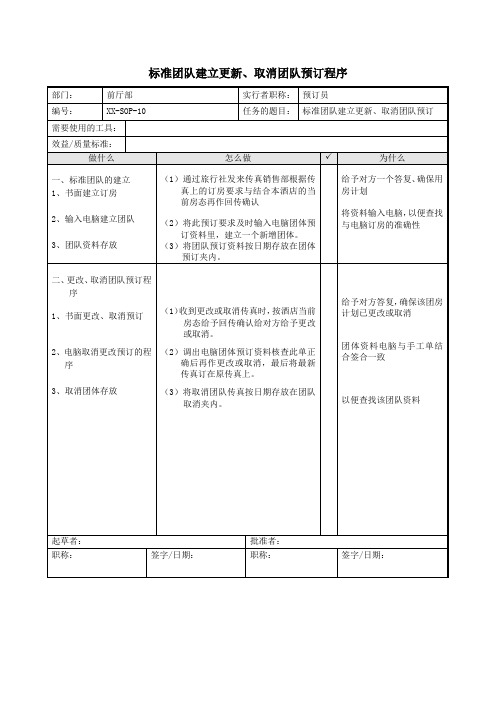 标准团队建立更新、取消团队预订程序