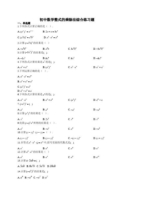 初中数学整式的乘除法综合练习题(附答案)