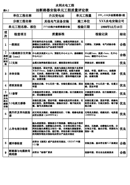 表油断路器安装单元工程质量定表例表