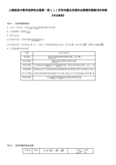 人教版高中数学选择性必修第一册1.1.1空间向量及其线性运算精讲精练同步训练