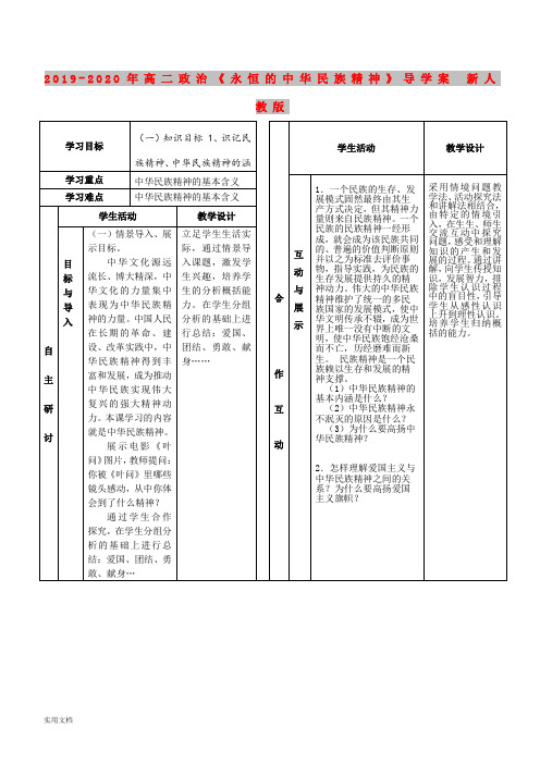 2021年高二政治《永恒的中华民族精神》导学案 新人教版