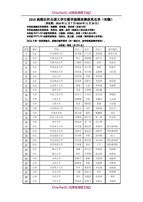 【7A版】2018全国大学生数学建模竞赛获奖名单