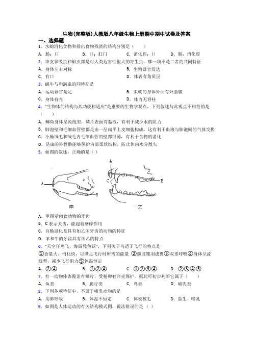 生物(完整版)人教版八年级生物上册期中期中试卷及答案