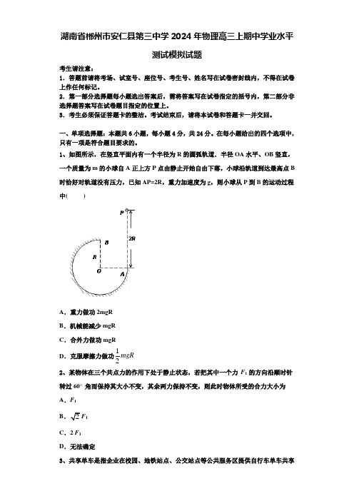 湖南省郴州市安仁县第三中学2024年物理高三上期中学业水平测试模拟试题含解析