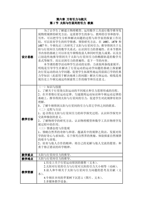 2021-2022年收藏的精品资料人教版必修二第六章万有引力与航天第2节太阳与行星间的引力教案高品质