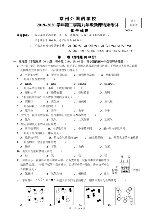 江苏省常州市外国语学校2019-2020学年九年级新课结束考化学试题(word,无答案)