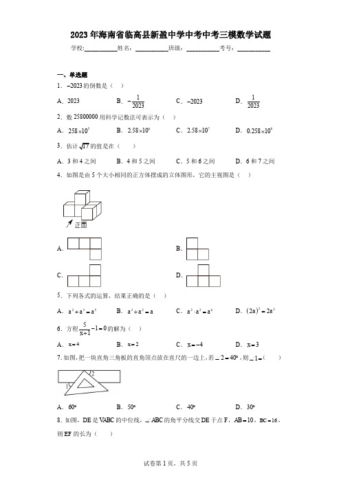 2023年海南省临高县新盈中学中考中考三模数学试题