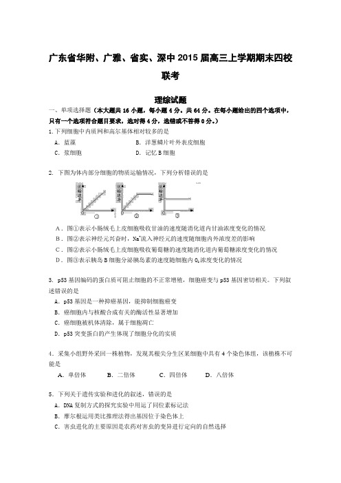 广东省华附、广雅、省实、深中2015届高三上学期期末四校联考 理综生物试题 Word版含答案