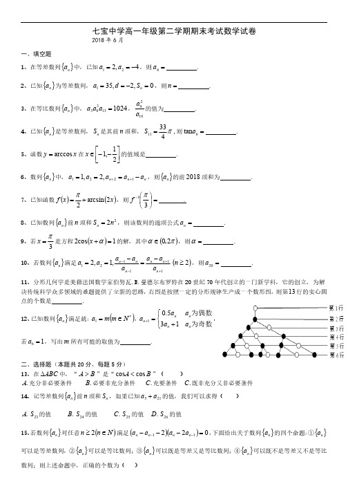 七宝中学2017-2018高一下期末数学卷(原卷)