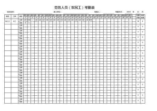 劳务人员考勤表