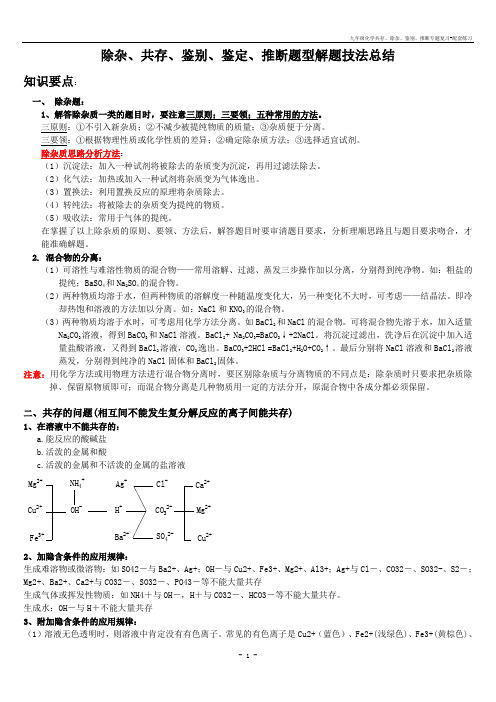 九年级化学共存、除杂、鉴别、推断专题复习+配套练习