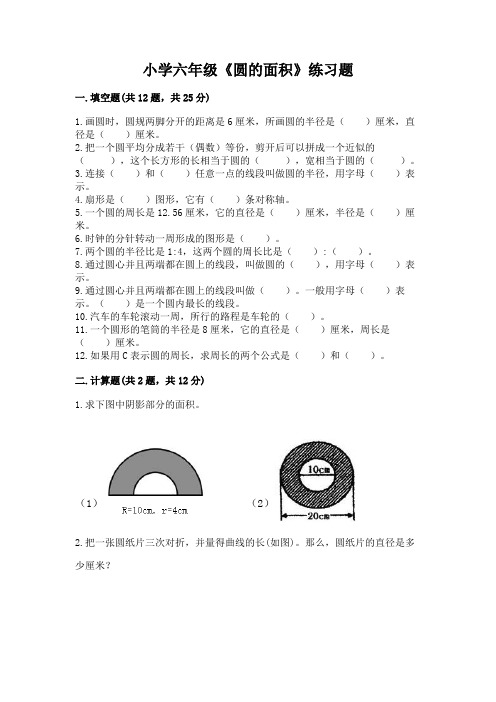 小学六年级《圆的面积》练习题及参考答案(A卷)