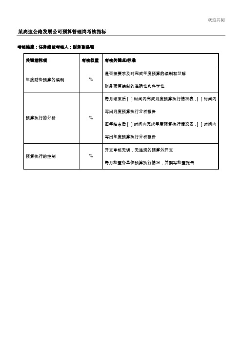 某高速公路发展公司预算管理岗考核指标