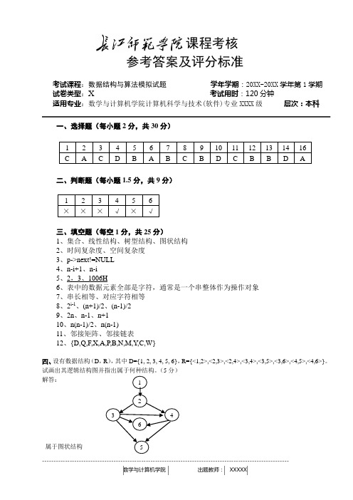 模拟题数据结构与算法答案及评分标准