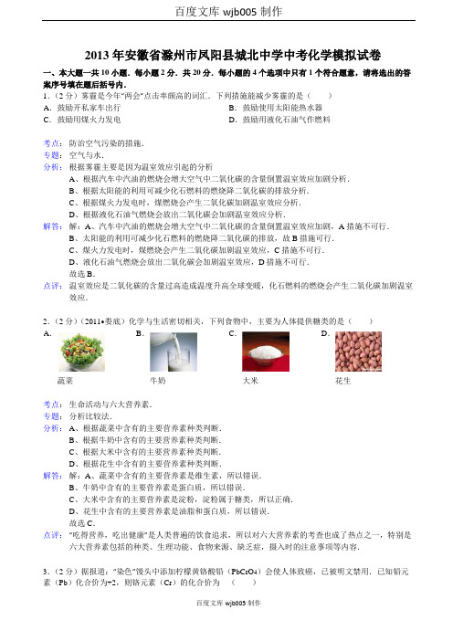  2013年安徽省滁州市凤阳县城北中学中考化学模拟试卷