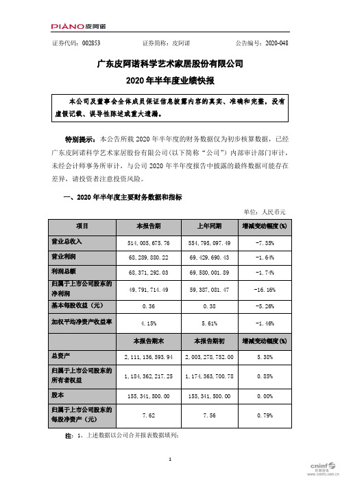 皮阿诺：2020年半年度业绩快报