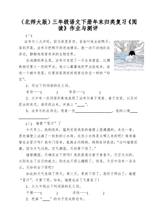 (北师大版)三年级语文下册年末归类复习《阅读》作业与测评