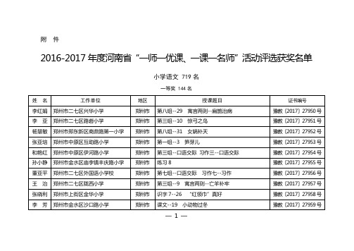 2016-2017年度河南省“一师一优课、一课一名师”活动评选获奖名单