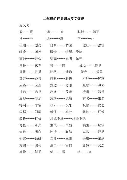 二年级语文近义词和反义词考试必备