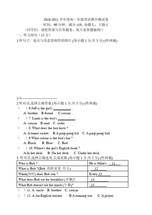 20102011学年度初一年级英语期中测试卷