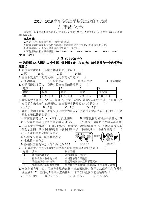 2018—2019学年度第二学期第二次自测九年级化学试题及答案